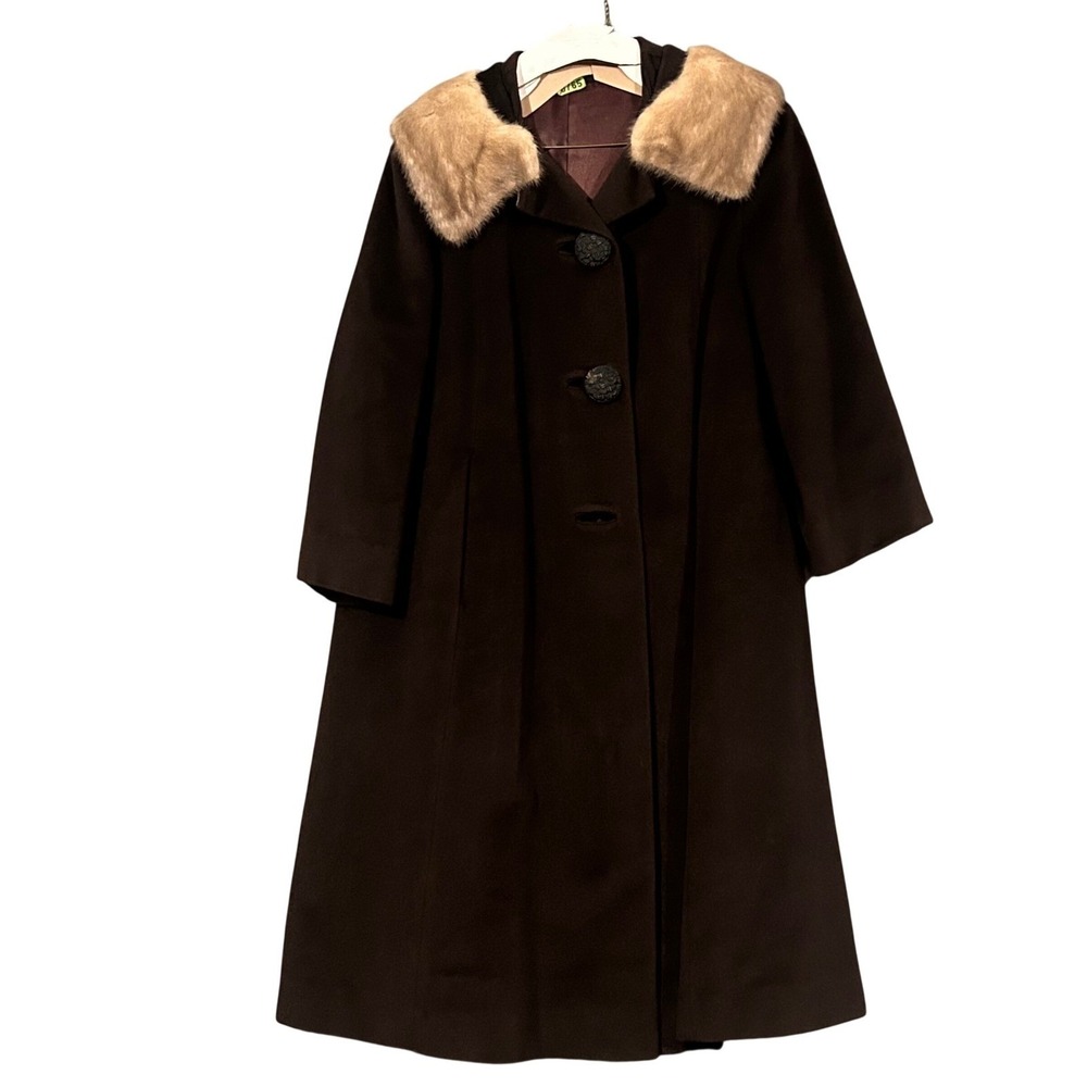 Vintage Parisian Birmingham Worumbo Rubello Wool Fur Collar Coat Brown L